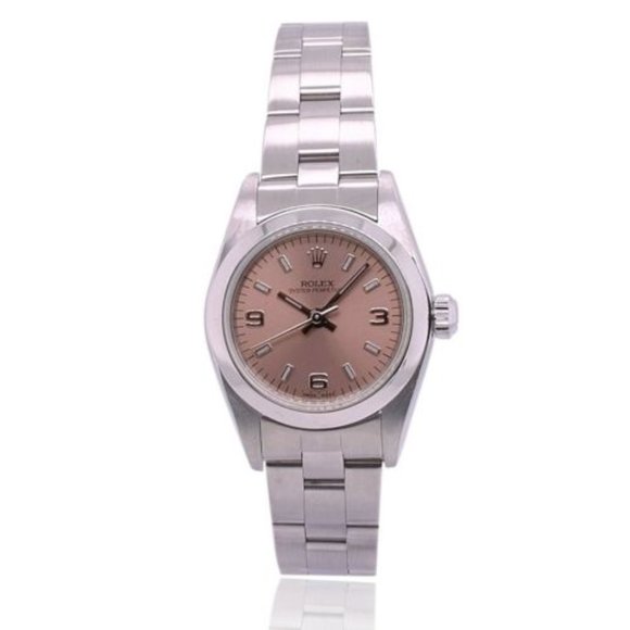ROLEX OYSTER PERPETUAL SALMON INDEX-ARABIC DIAL STEEL SMOOTH OYSTER WATCH 76080